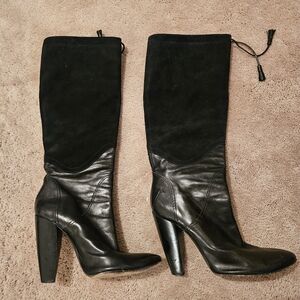 Costume National Black Leather  Shearling Pull On High Heel Boots Made in Italy